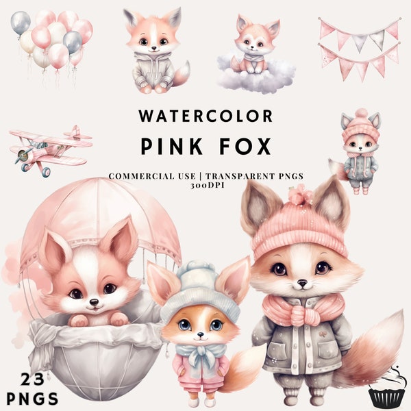 Watercolor Pink Cute Fox Clipart Bundle | PNG | Commercial Use | Instant Download | 300DPI | Girl Baby Shower