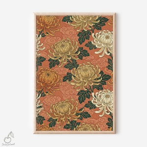 May include: A framed print featuring a repeating pattern of large chrysanthemum flowers in shades of yellow, orange, and cream, set against a reddish-orange background with cloud-like shapes. The flowers have dark green leaves.