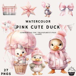 Watercolor Pink Cute Duck Clipart Bundle | PNG | Commercial Use | Instant Download | 300DPI | Girl Baby Shower