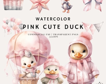 Watercolor Pink Duck Clipart Bundle: Baby Shower PNG (Commercial Use)