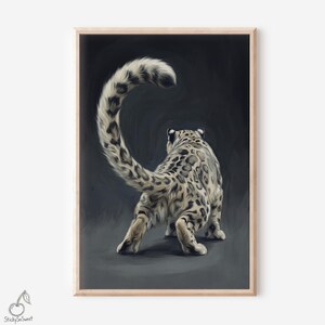 May include: A framed print featuring a snow leopard, viewed from the rear, with its tail arched. The leopard's fur is a mix of white, gray, and black spots against a dark gray background. The artwork is signed with the text "StickySoSweet".