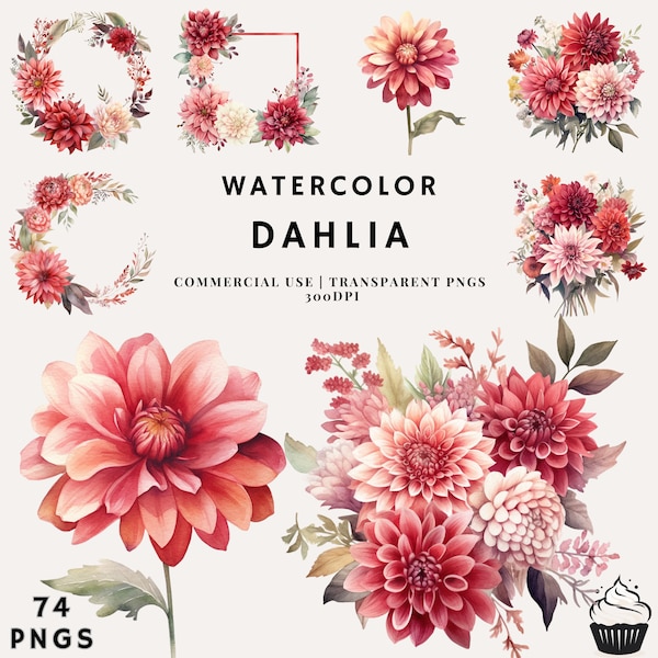 Watercolor Dahlias Flower Bouquet Bundle Clipart | PNG | Commercial Use | Instant Download | 300DPI