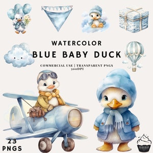Paquete de imágenes prediseñadas de pato bebé azul lindo acuarela / PNG / Uso comercial / Descarga instantánea / 300DPI / Boy Baby Shower