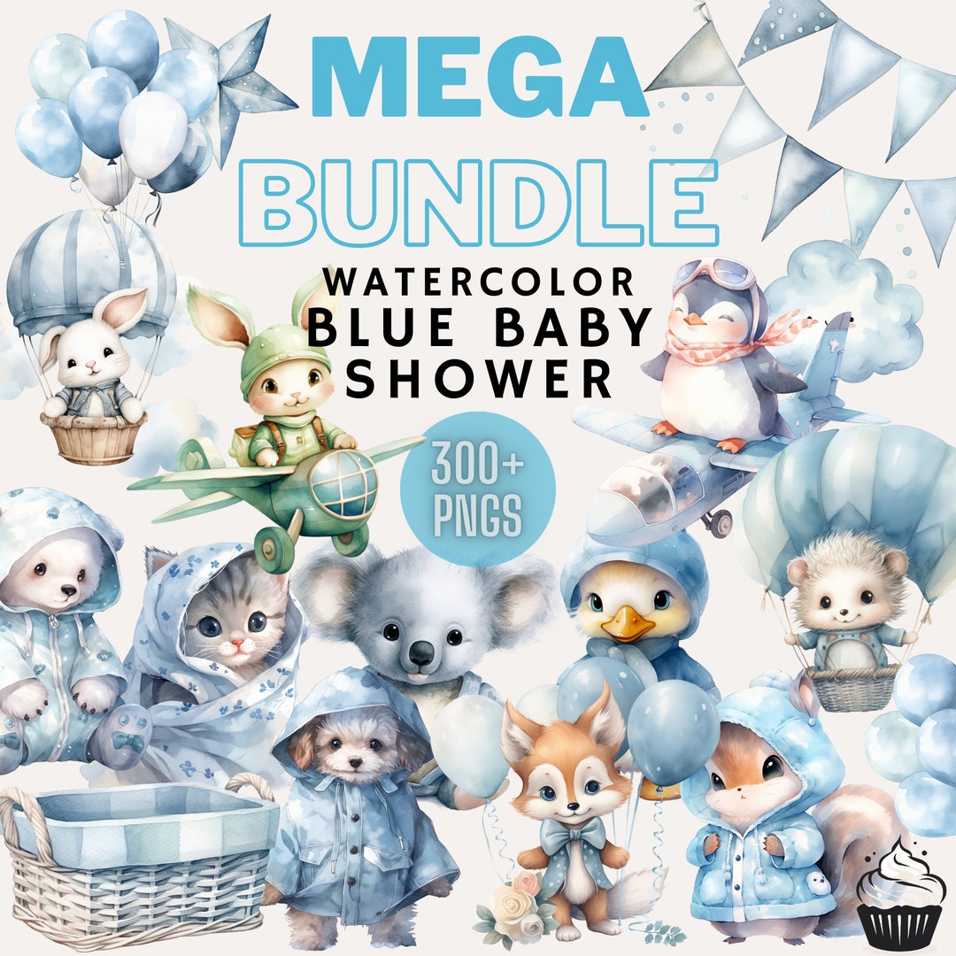 Watercolor Blue Animals Clipart Bundle: Baby Shower PNG (commercial Use ...