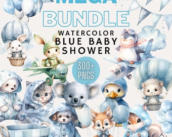 Watercolor Blue Animals Clipart Bundle: Baby Shower PNG (Commercial Use)