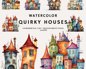 Watercolor Quirky Houses Clipart Bundle | PNG | Commercial Use | Instant Download | 300DPI