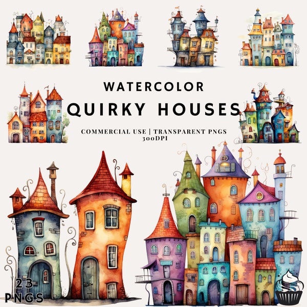 Watercolor Quirky Houses Clipart Bundle | PNG | Commercial Use | Instant Download | 300DPI