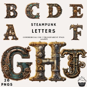 Paquete de imágenes prediseñadas de letras del alfabeto Steampunk / PNG / Uso comercial / Descarga instantánea / 300DPI