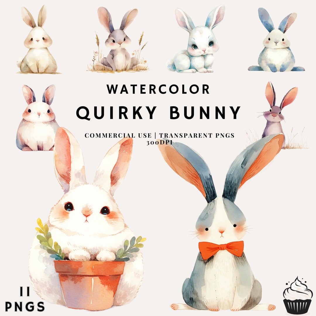 Watercolor Quirky Bunny Clipart Bundle | PNG | Commercial Use | Instant ...