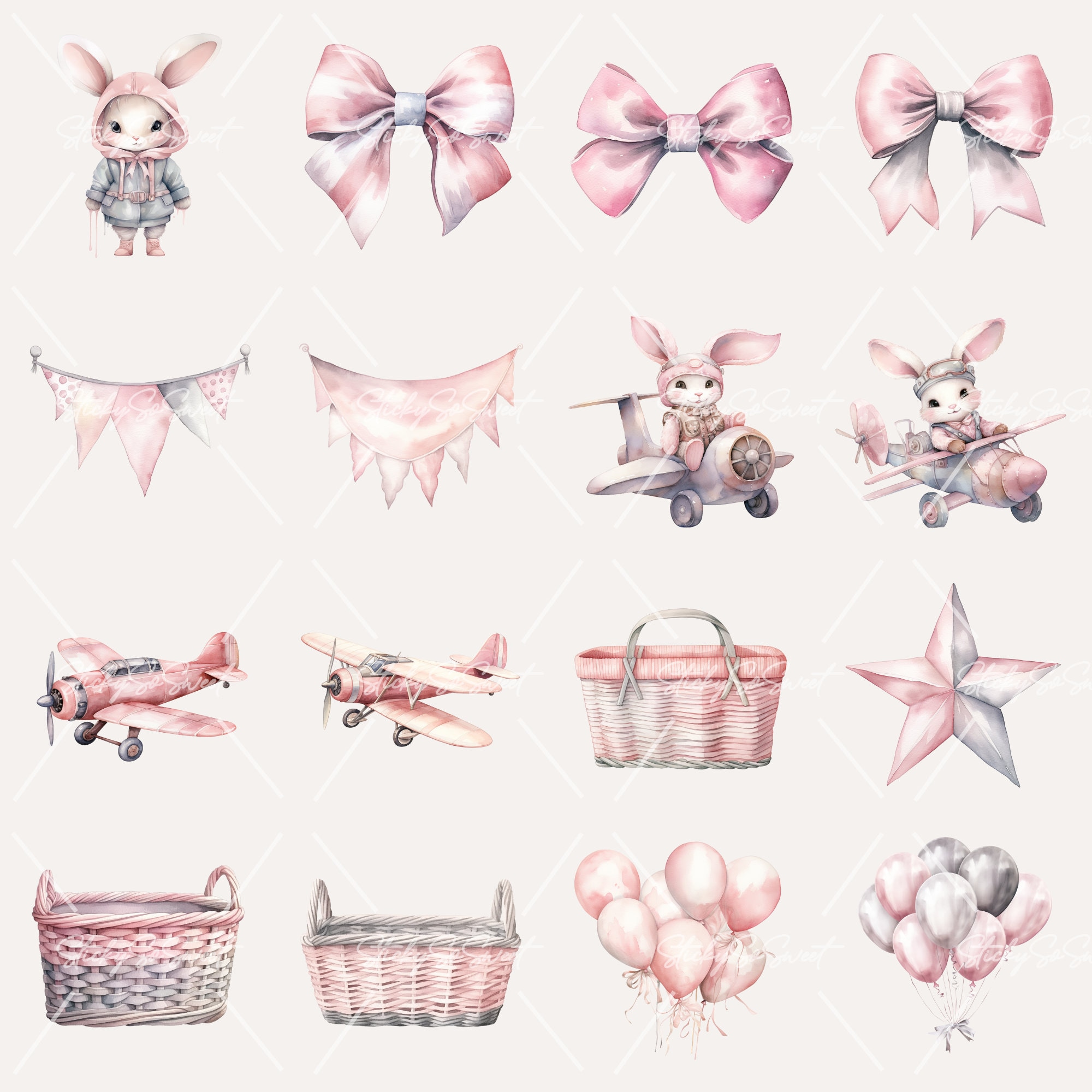 Watercolor Pink Bunny Clipart Bundle: Baby Shower PNG (commercial Use ...