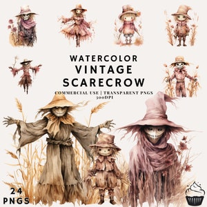 Watercolor Vintage Halloween Spooky Scarecrow Clipart Bundle | PNG | Commercial Use | Instant Download | 300DPI