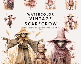 Watercolor Vintage Halloween Spooky Scarecrow Clipart Bundle | PNG | Commercial Use | Instant Download | 300DPI