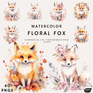 Watercolor Floral Fox Bundle Clipart | PNG | Commercial Use | Instant Download | 300DPI