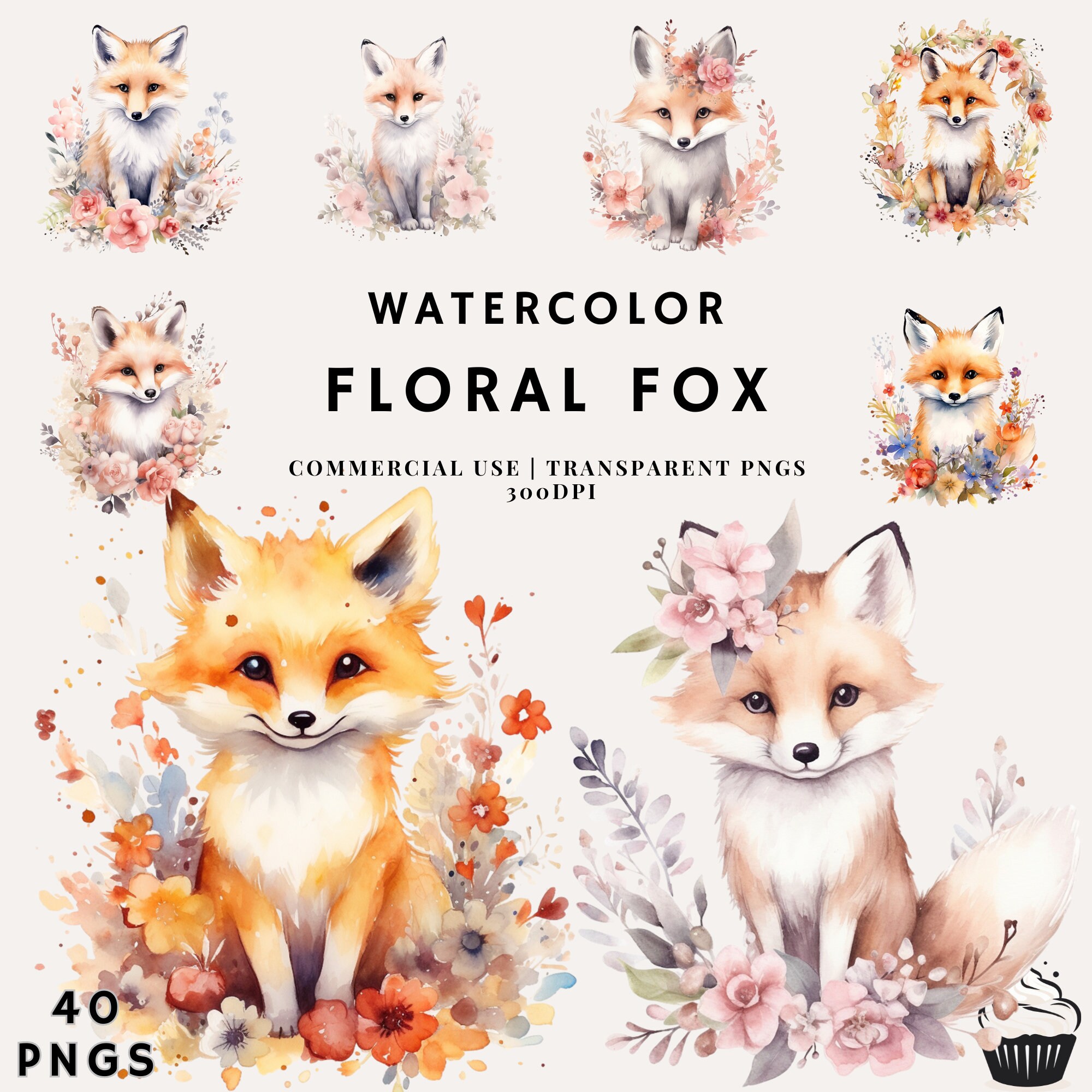 Watercolor Floral Fox Bundle Clipart | PNG | Commercial Use | Instant Download | 300DPI