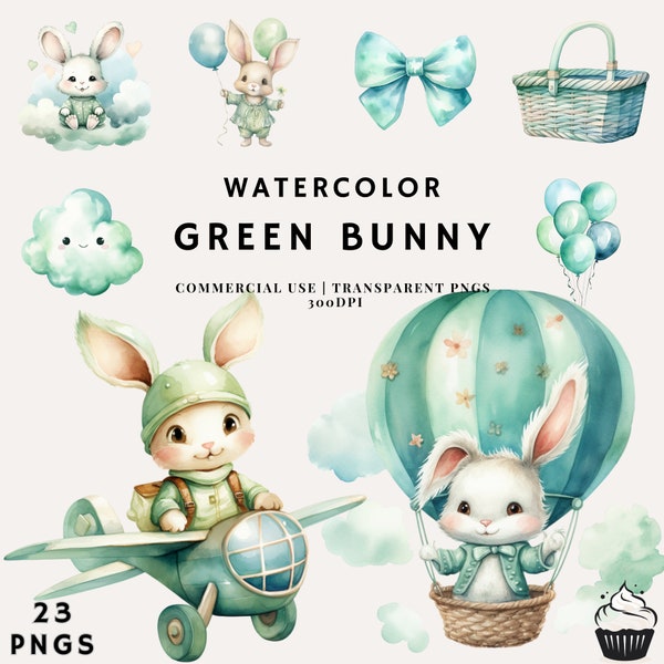 Watercolor Cute Green Bunny Clipart Bundle | PNG | Commercial Use | Instant Download | 300DPI |  Boy Baby Shower