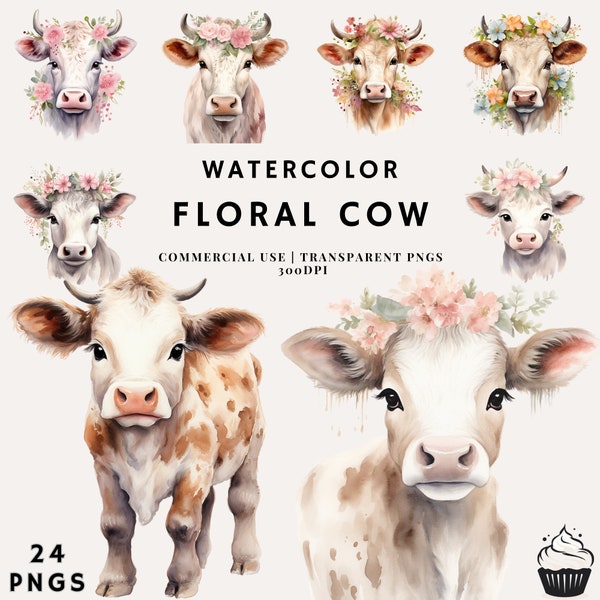 Watercolor Floral Cow Bundle Clipart | PNG | Commercial Use | Instant Download | 300DPI
