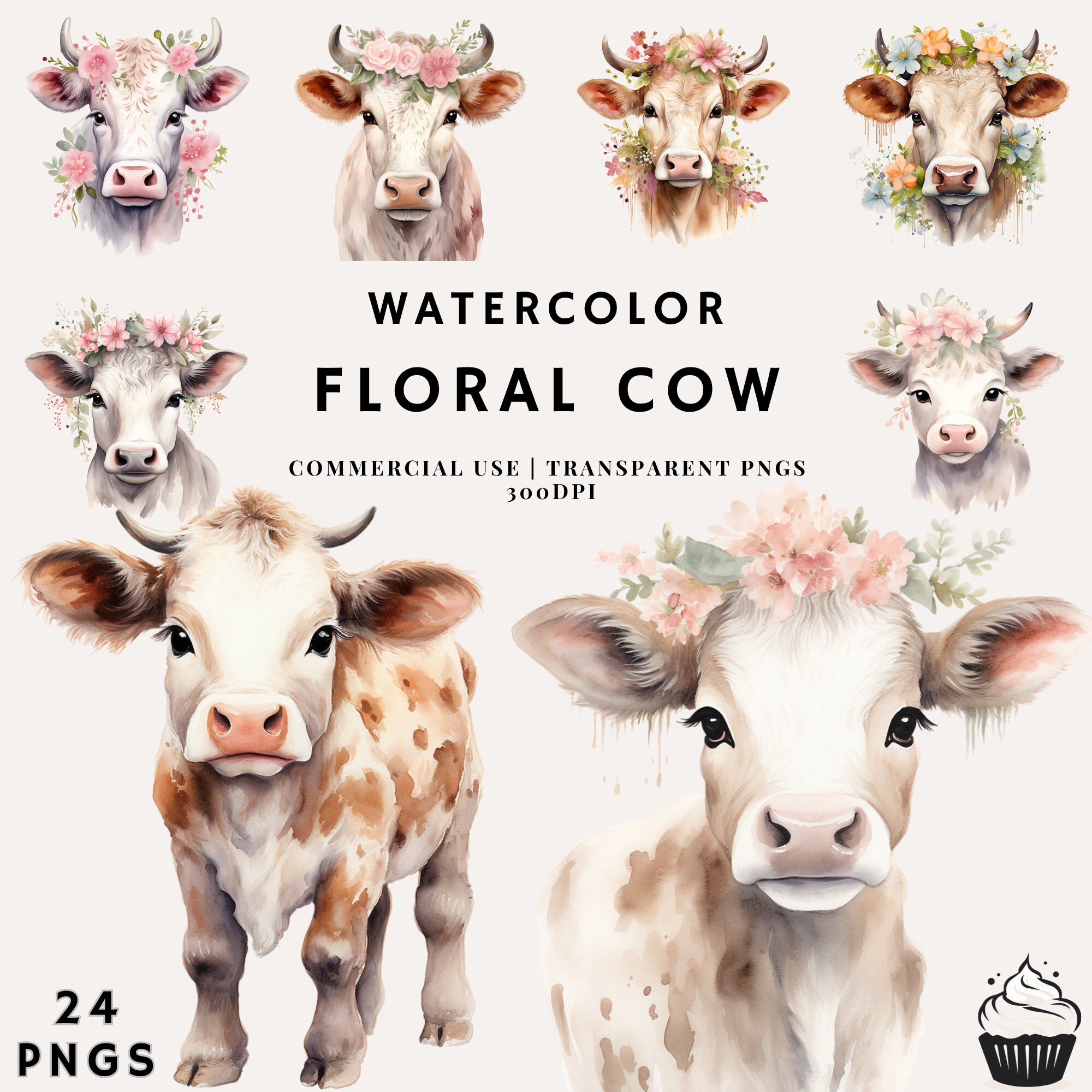 Watercolor Floral Cow Bundle Clipart | PNG | Commercial Use | Instant ...