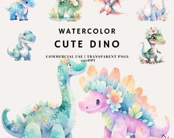 Watercolor Baby Dinosaur Clipart | Cute Dino PNG Bundle (Commercial Use)