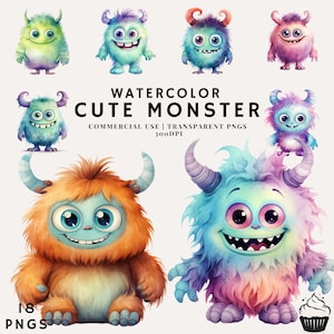 Aquarell Niedliche Monster Clipart Bundle | PNG | Kommerzielle Nutzung | Sofort Download | 300DPI