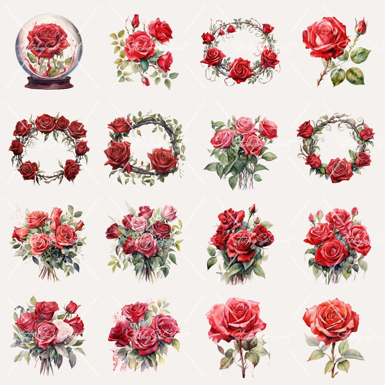 Watercolor Red Rose Bundle Clipart | PNG | Commercial Use | Instant ...
