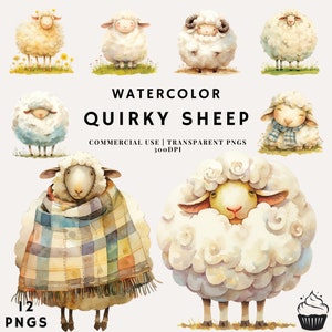 Watercolor Quirky Sheep Clipart Bundle | PNG | Commercial Use | Instant Download | 300DPI