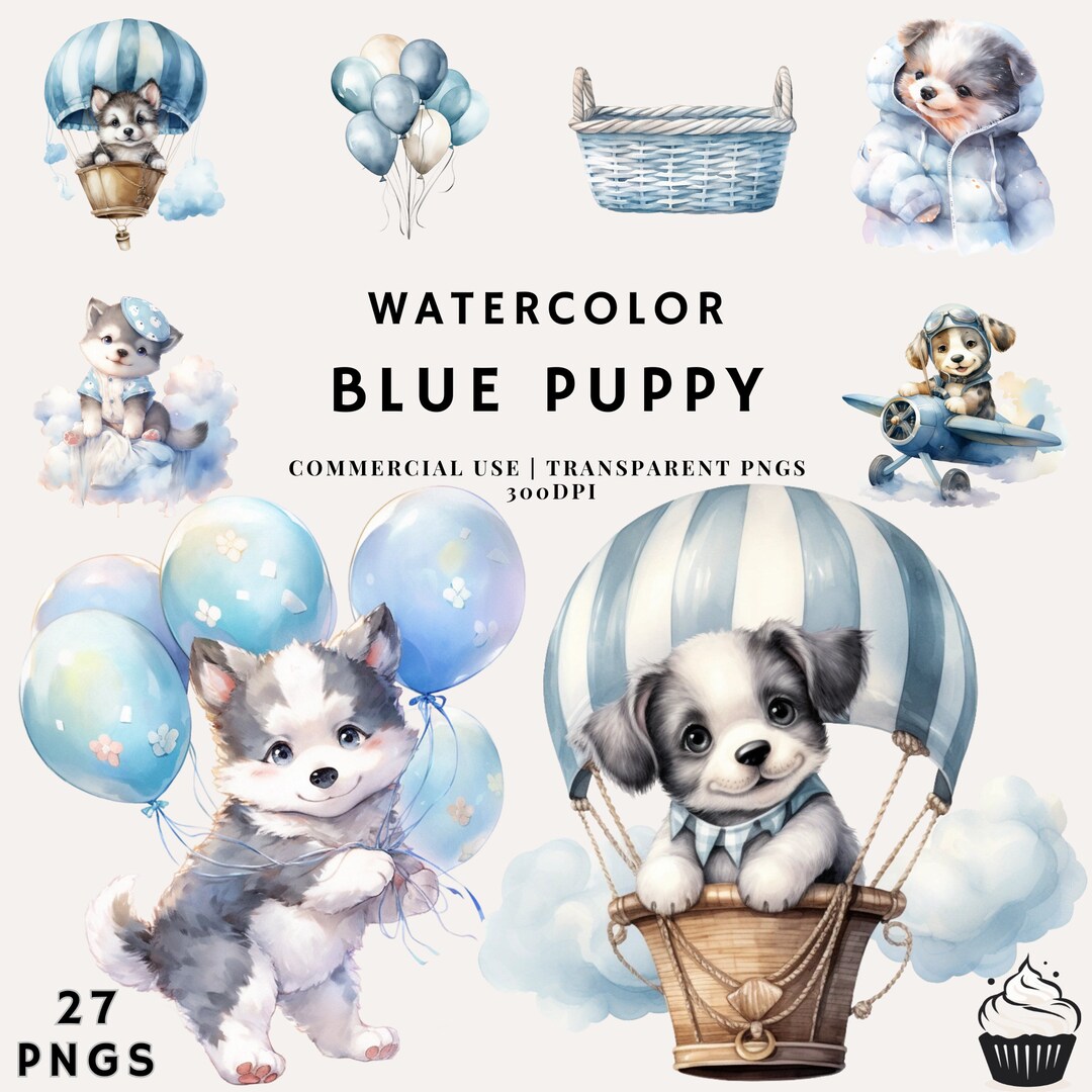 Watercolor Baby Blue Puppy Bundle Clipart | PNG | Commercial Use ...