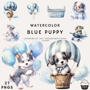 Aquarell Baby Blue Puppy Bundle Clipart | PNG | Kommerzielle Nutzung | Sofort Download | 300DPI | Junge Babyparty