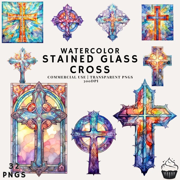 Watercolor Stained Glass Cross Bundle Clipart | PNG | Commercial Use | Instant Download | 300DPI