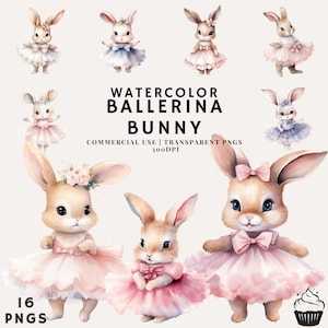 Watercolor Cute Ballerina Bunny Clipart Bundle | PNG | Commercial Use | Instant Download | 300DPI