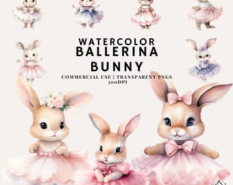Watercolor Cute Ballerina Bunny Clipart Bundle | PNG | Commercial Use | Instant Download | 300DPI