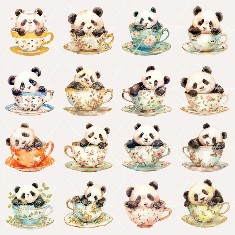 Watercolor Panda in A Teacup Clipart Bundle | PNG | Commercial Use ...