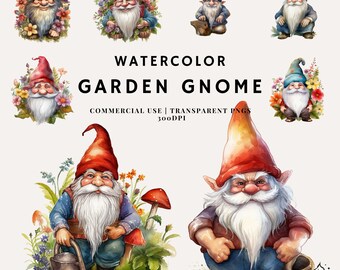 May include: Watercolor illustration of a garden gnome with a red hat, white beard, and blue pants. The gnome is holding a watering can and standing in a garden with flowers and mushrooms.