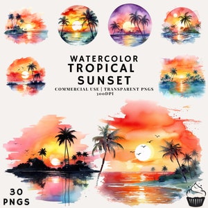 Watercolor Tropical Sunset Bundle Clipart | PNG | Commercial Use | Instant Download | 300DPI