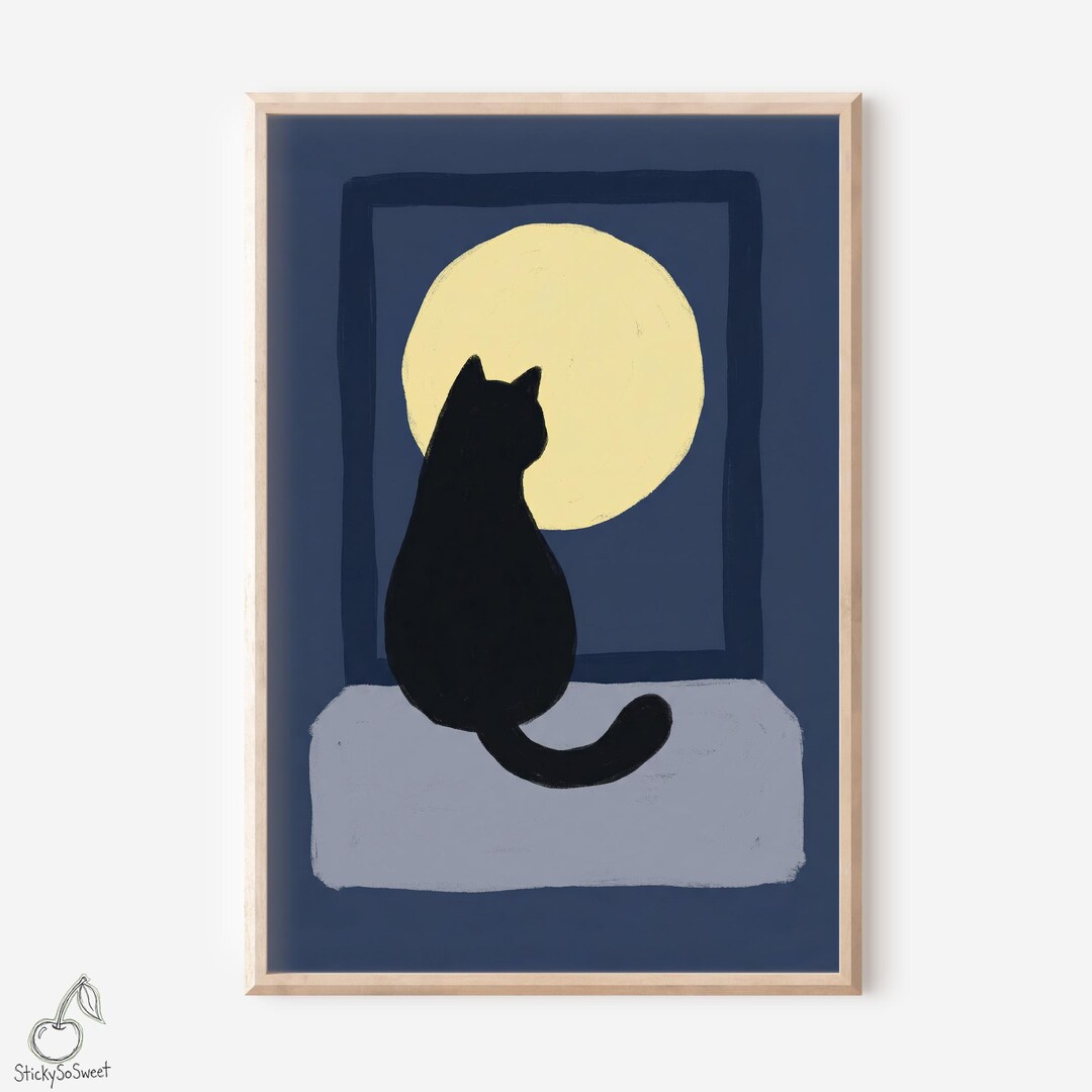 Black Cat Moon Window Print | Moody Night Sky Wall Art | Cat Silhouette ...