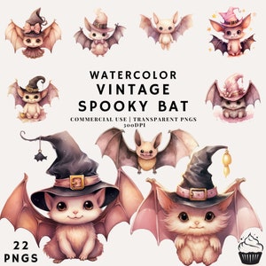 Watercolor Halloween Spooky Vintage Cute Bat Clipart Bundle | PNG | Commercial Use | Instant Download | 300DPI
