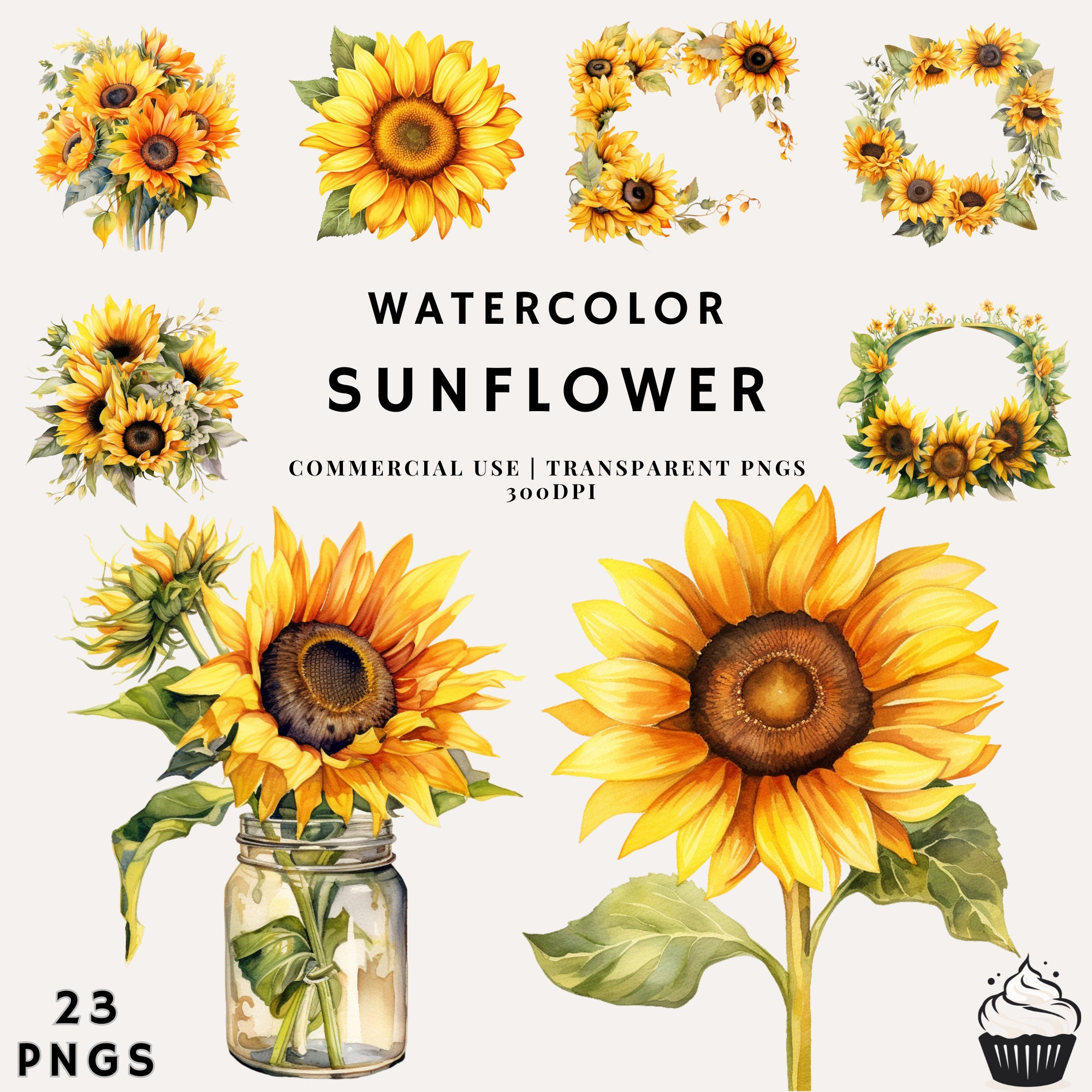 Watercolor Sunflower Bundle Clipart | PNG | Commercial Use | Instant ...