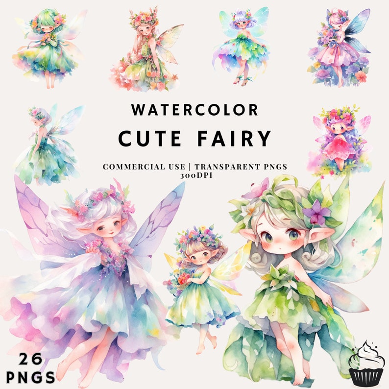 Watercolor Fairy Clipart Bundle | Cute PNG Illustrations (300DPI) - Etsy
