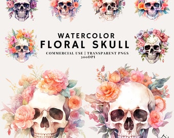Watercolor Floral Skull Clipart Bundle | PNG | Commercial Use | Instant Download | 300DPI