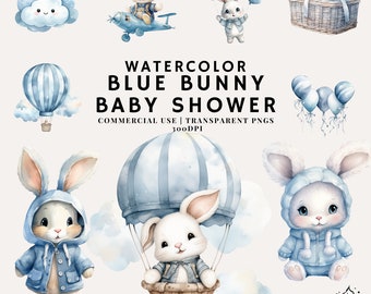 Watercolor Bunny Bundle Clipart | PNG | Commercial Use | Instant Download | 300DPI | Boy BabyShower