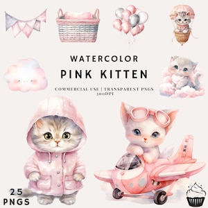 Pacote de gatinho rosa bebê fofo aquarela | PNG | Uso Comercial | Download instantâneo | 300DPI | Chá de bebê menina