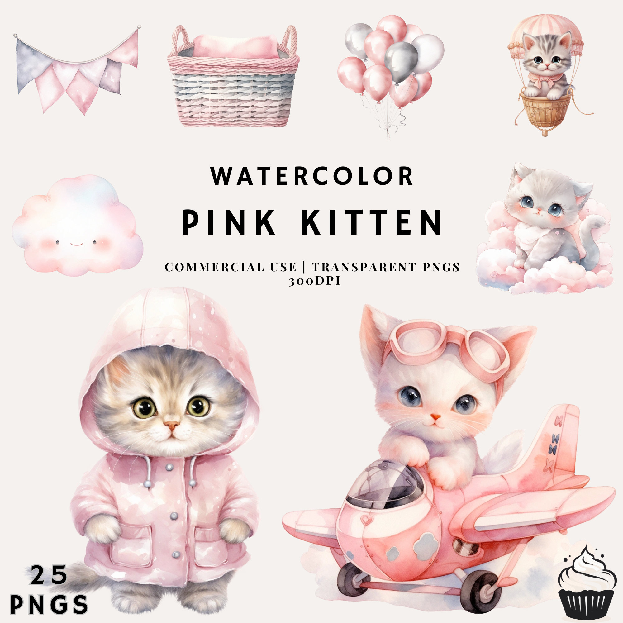Watercolor Pink Kitten Clipart Bundle: Baby Shower PNG (commercial Use ...