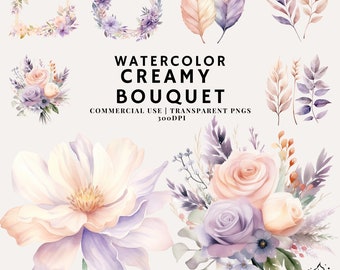 Clipart pacchetto bouquet di fiori cremosi dell'acquerello / PNG / uso commerciale / Download istantaneo / 300DPI