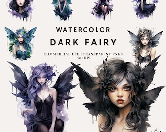 Watercolor Dark Fairy Bundle Clipart | PNG | Commercial Use | Instant Download | 300DPI