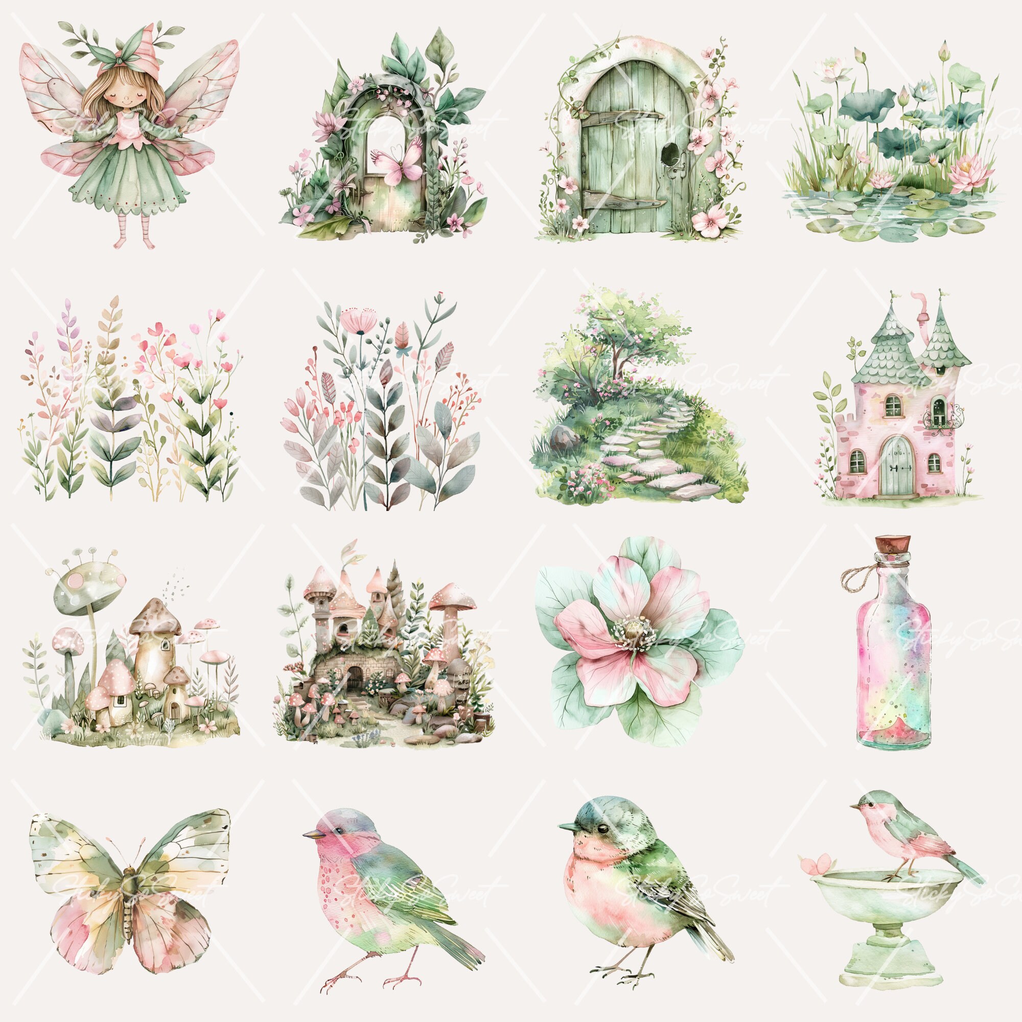 Watercolor Green and Pink Fairy Garden Clipart Bundle | PNG ...