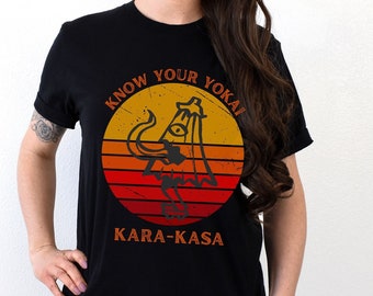 Yokai T-Shirt | Know Your Yokai - Kara-Kasa T-Shirt | Kara-Kasa | Japanese Folklore | Japanese Monsters | Retro Sunset | Haunted Umbrella