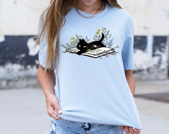 Floral Cat Shirt, Cat Lover Shirt, Cat Book Shirt, Cat Lover Gift, Gift for Her, Cat Mom Shirt Gift, Cute Cat Shirts, Cute Book Cat Shirt