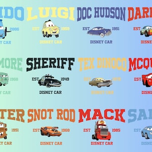 May include: A colourful illustration of various cartoon cars from the Disney Pixar film Cars. Each car has a name and a year of establishment written above it. The cars are all different colours and styles, including a blue tow truck, a yellow sports car, a red race car, and a green van.