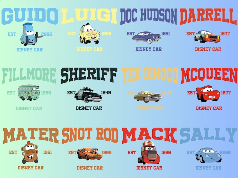 May include: A colourful illustration of various cartoon cars from the Disney Pixar film Cars. Each car has a name and a year of establishment written above it. The cars are all different colours and styles, including a blue tow truck, a yellow sports car, a red race car, and a green van.