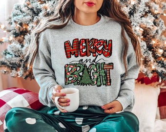 Women's Merry & Bright Christmas Sweatshirt – Funny Leopard Plaid Print, Long Sleeve, Snowflake Design - View #5