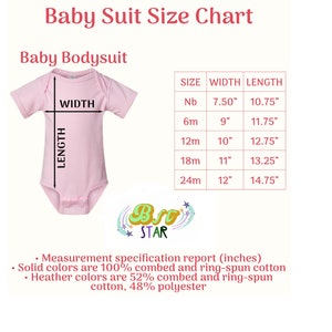 May include: A size chart for baby bodysuits, showing the width and length measurements in inches for sizes newborn to 24 months. The chart is labelled "Baby Suit Size Chart" and "Baby Bodysuit".